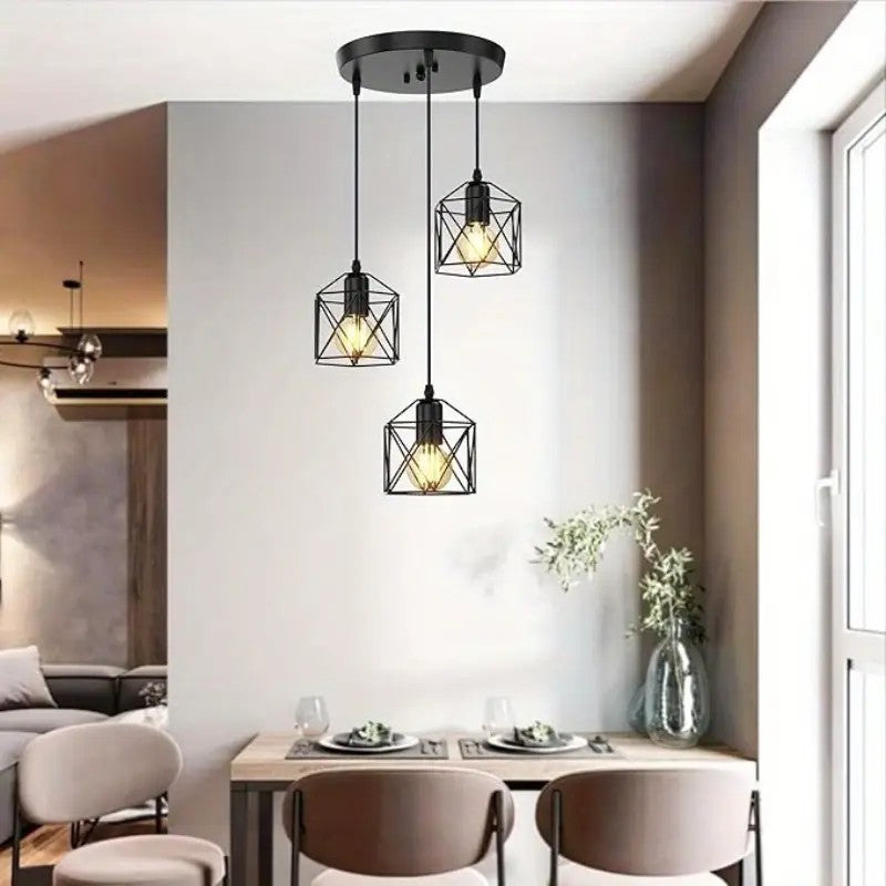 【3-lamp pendant light fixture】 dining room bedroom industrial pendant light, black metal cage pendant