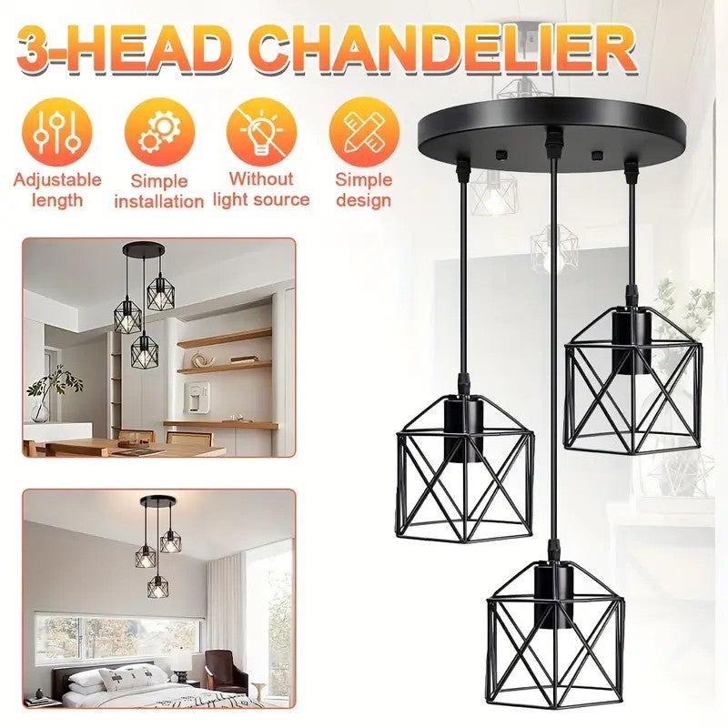 【3-lamp pendant light fixture】 dining room bedroom industrial pendant light, black metal cage pendant