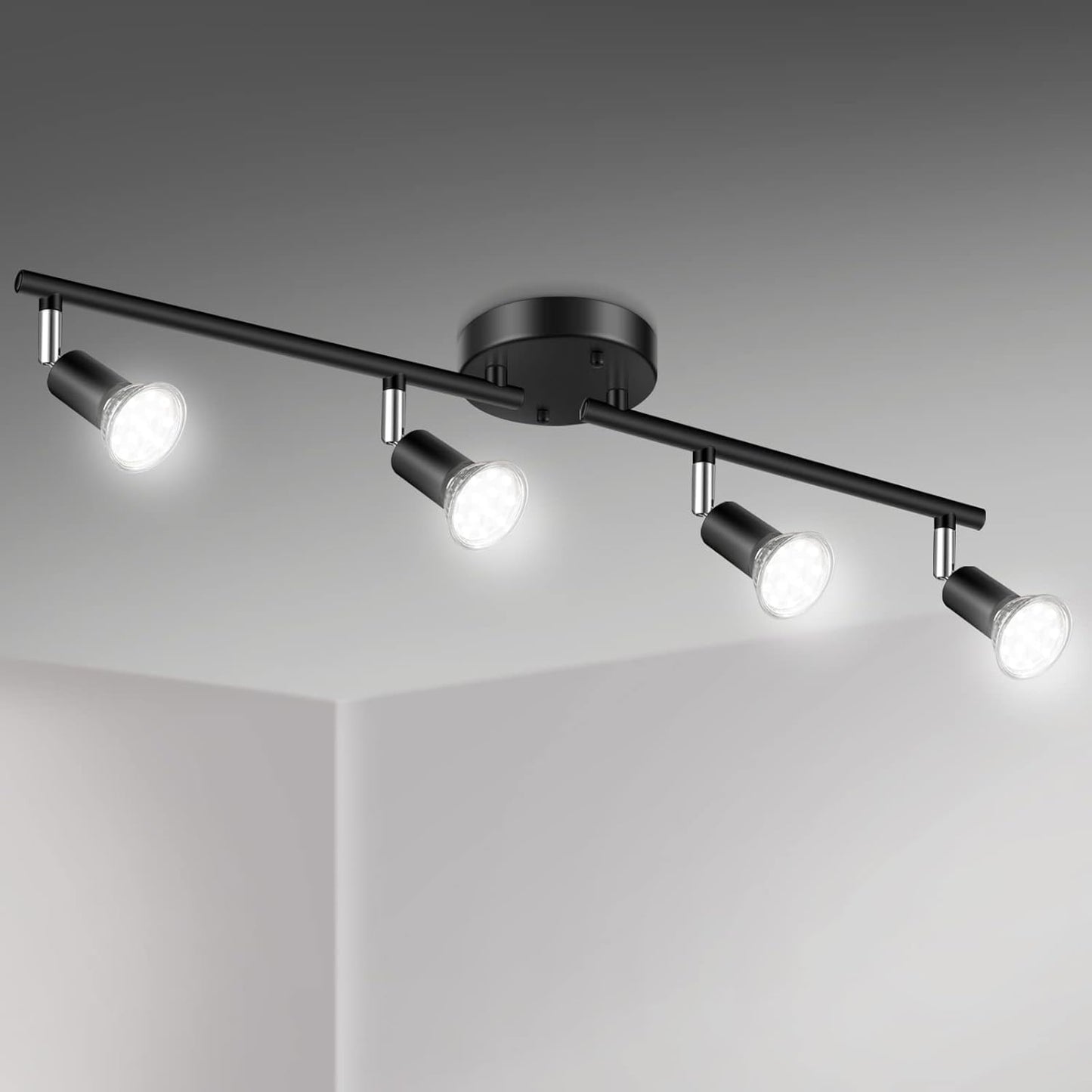 【4-light track lighting kit, black】ceiling spotlight, flexible swivel head