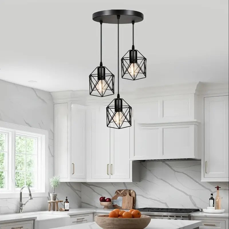 【3-lamp pendant light fixture】 dining room bedroom industrial pendant light, black metal cage pendant