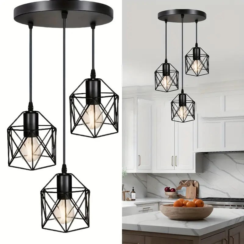 【3-lamp pendant light fixture】 dining room bedroom industrial pendant light, black metal cage pendant
