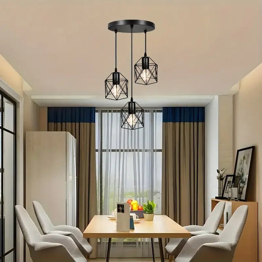 【3-lamp pendant light fixture】 dining room bedroom industrial pendant light, black metal cage pendant