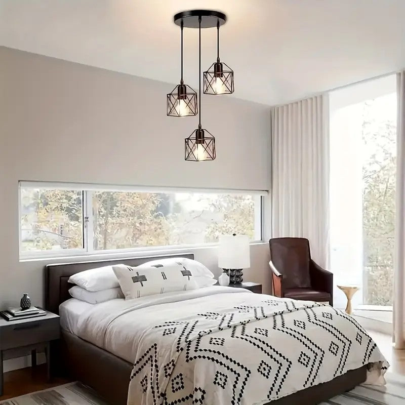 【3-lamp pendant light fixture】 dining room bedroom industrial pendant light, black metal cage pendant