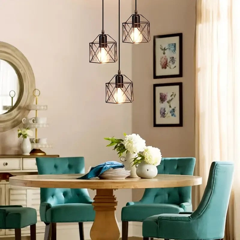 【3-lamp pendant light fixture】 dining room bedroom industrial pendant light, black metal cage pendant