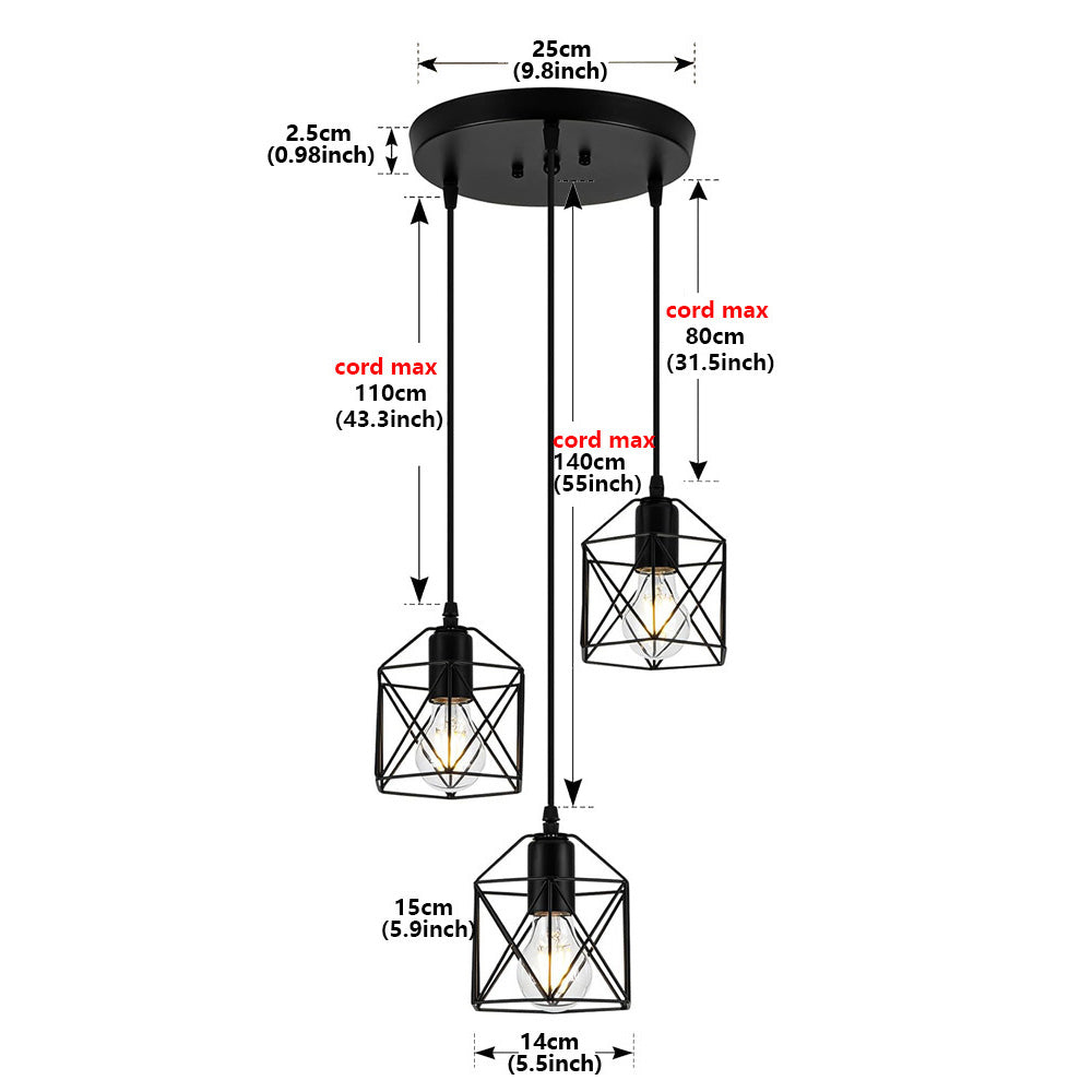 【3-lamp pendant light fixture】 dining room bedroom industrial pendant light, black metal cage pendant