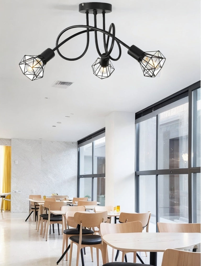 【Three-head curved tube pendant lamp】vintage hanging style, metal cage pendant lamp, blending industrial, rustic, and antique styles